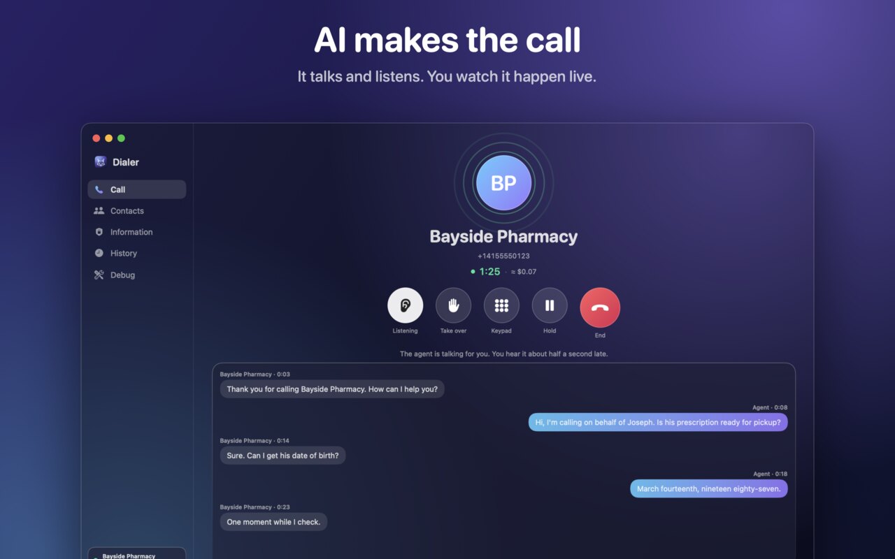 A call delegated to the AI, with live transcript and call controls