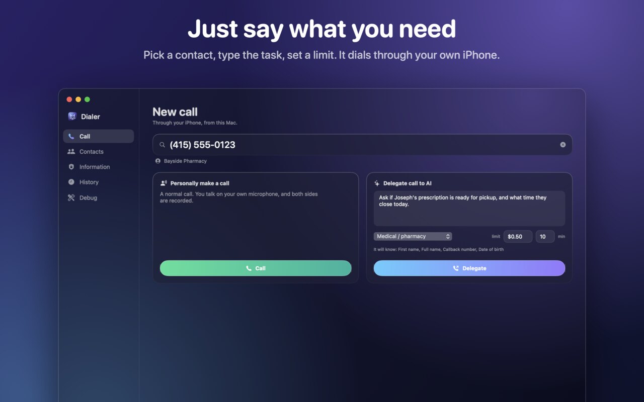 New call: contact, task for the AI, sharing role, limits