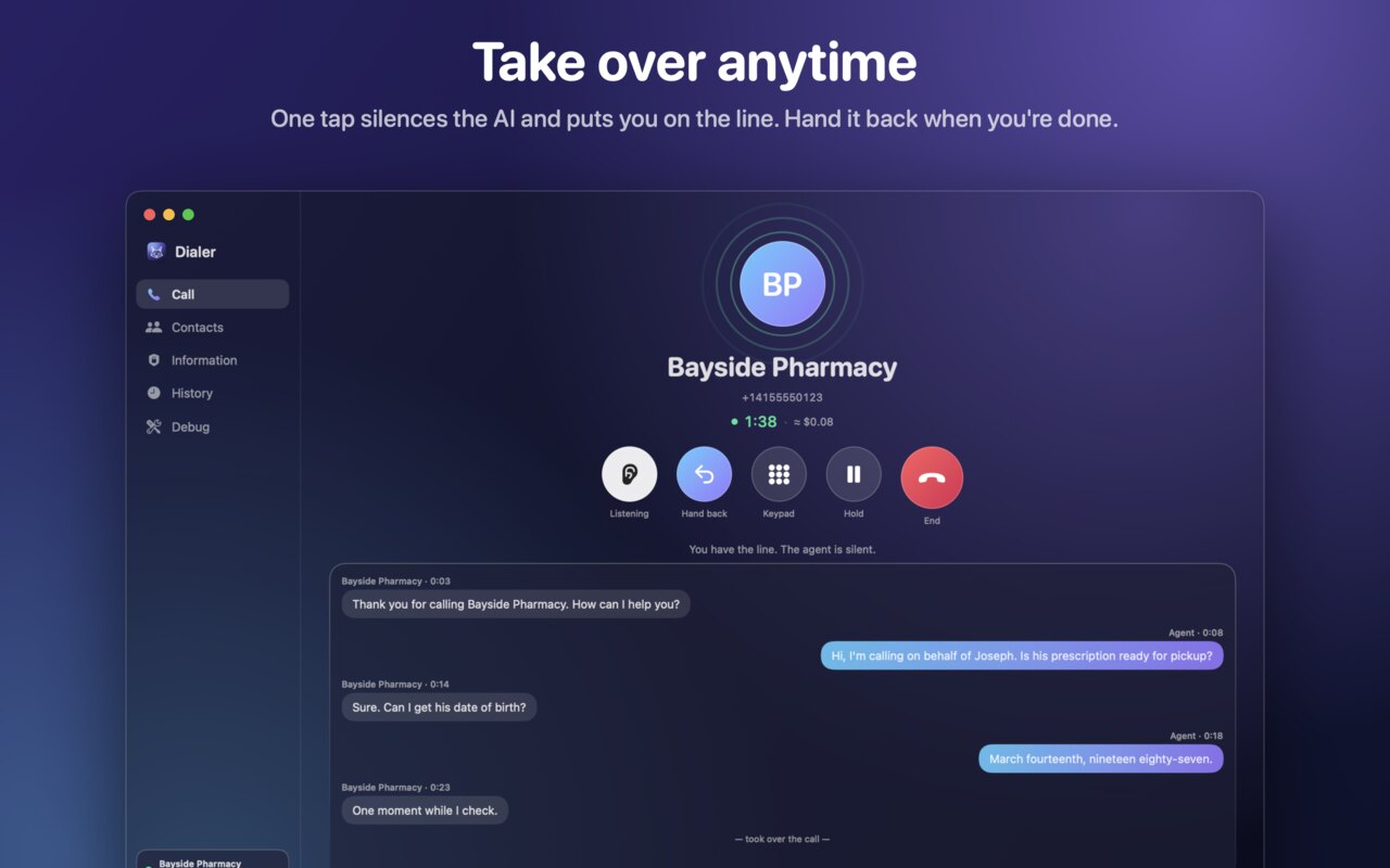 Take over is active: the user has the line