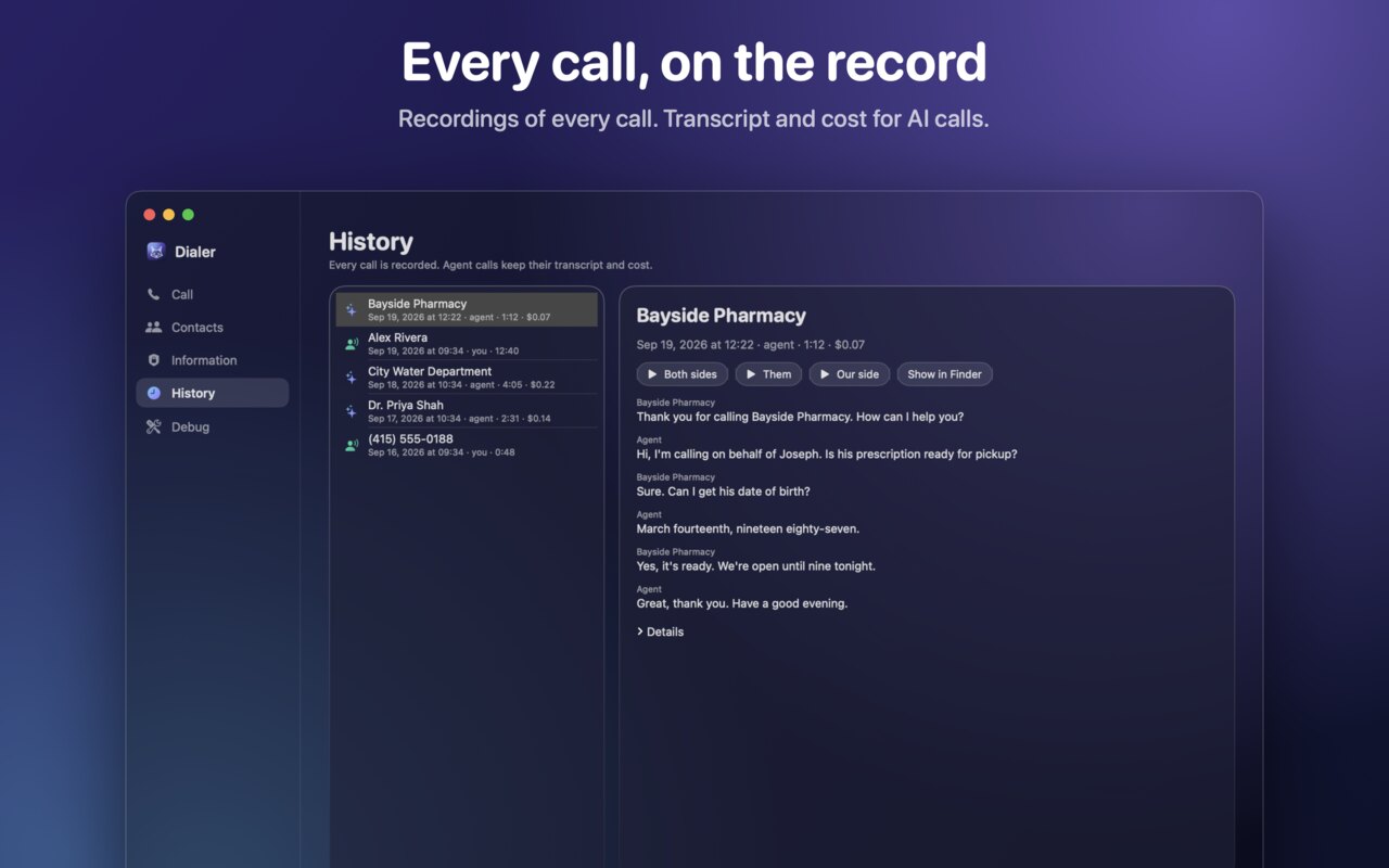 Call history with transcript and recordings